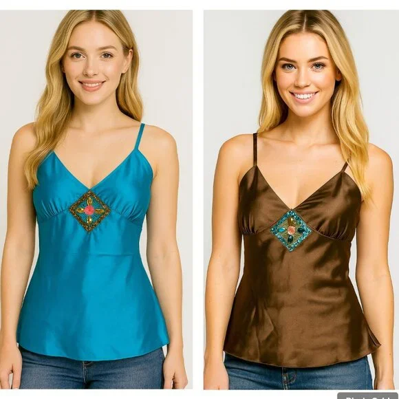 YOU GET BOTH - New NWT Jewel Tone Sequin Silky Cami Tank - Y2K 90s 2000s Retro - Picture 6 of 13